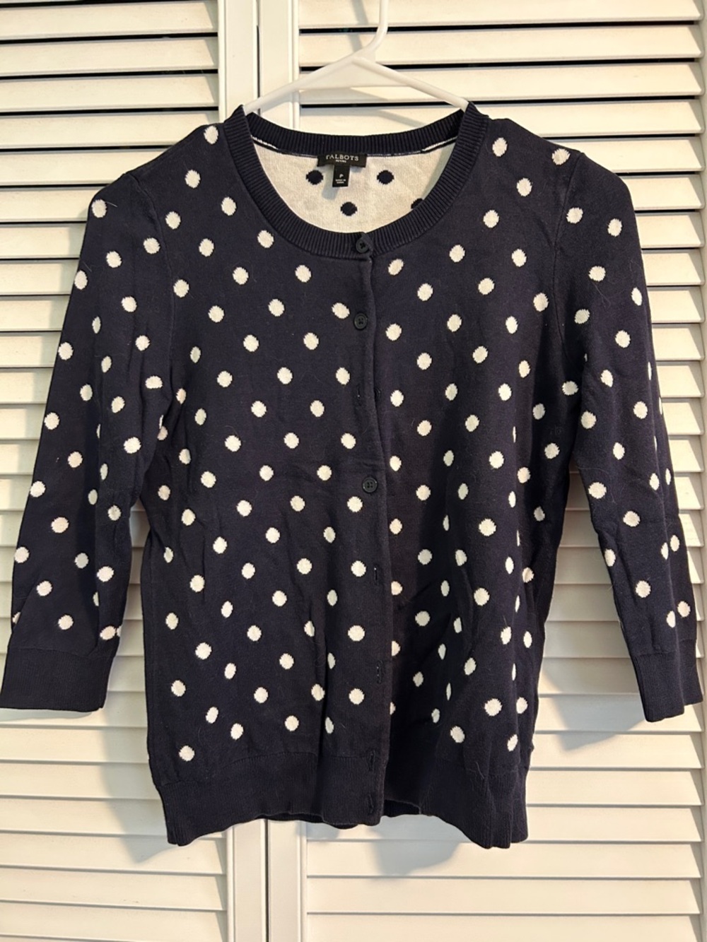 Talbots Navy and White Polka Dot Button-Front Cardigan